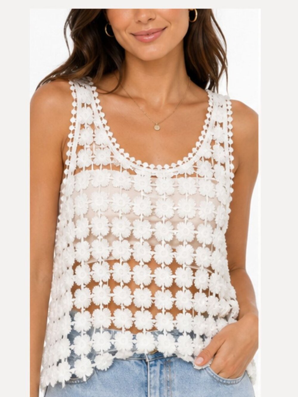 Ginger G White Floral Crochet Lace Sleeveless Tank Size Small